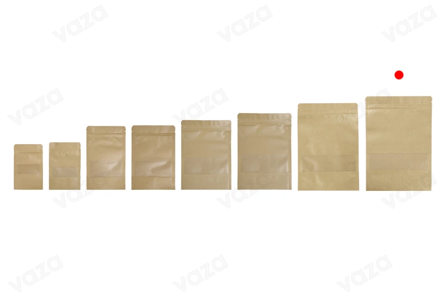 Σακουλάκια κραφτ τύπου Doy Pack  200x50x295 mm, με κλείσιμο "zip" και παράθυρο, εσωτερική και εξωτερική διάφανη επένδυση και δυνατότητα σφράγισης με θερμοκόλληση - 100 τμχ-εικόνα_σύνθεση