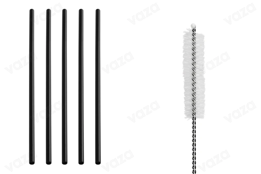 Pailles métalliques 215 mm, acier inoxydable écologique noir avec brosse de nettoyage (5+1 pcs) Pailles métalliques 215 mm, acier inoxydable écologique noir avec brosse de nettoyage (5+1 pcs)-photo_produit