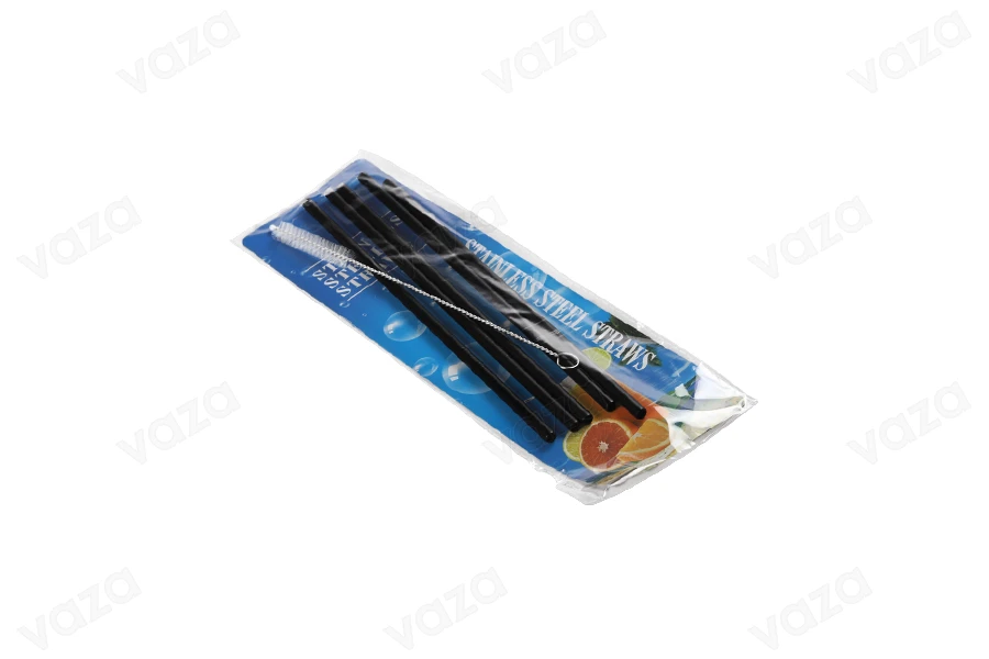 Pailles métalliques 215 mm, acier inoxydable écologique noir avec brosse de nettoyage (5+1 pcs) Pailles métalliques 215 mm, acier inoxydable écologique noir avec brosse de nettoyage (5+1 pcs)-