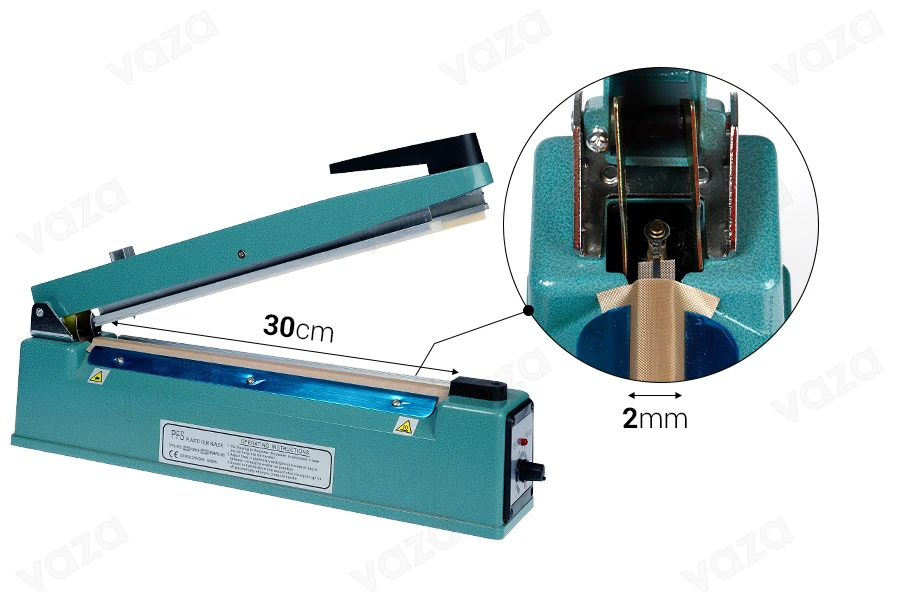 Tabletop hand held heat sealer with safety system and cutter - 30 cm seal length and 2 mm seal width-image_dimensions
