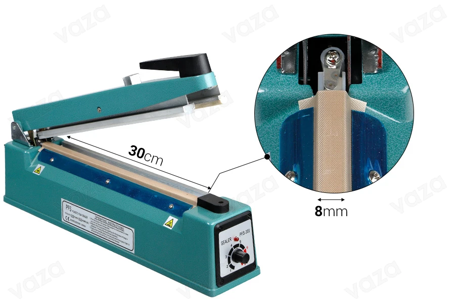 Tabletop hand held heat sealer with safety system and cutter, 30 cm seal length and 8 mm seal width Tabletop hand held heat sealer with safety system and cutter, 30 cm seal length and 8 mm seal width-image_dimensions