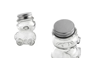 Petit pot pour des faveurs de 30ml en verre et en forme de nounours avec couvercle en aluminium argenté-1