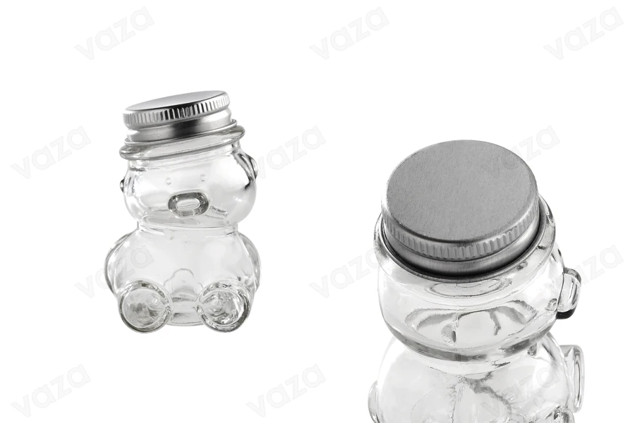 Petit pot pour des faveurs de 30ml en verre et en forme de nounours avec couvercle en aluminium argenté Petit pot pour des faveurs de 30ml en verre et en forme de nounours avec couvercle en aluminium argenté-photo_produit