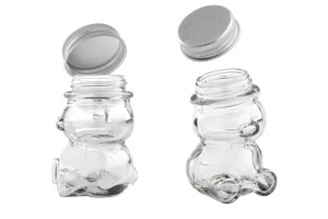Petit pot pour des faveurs de 30ml en verre et en forme de nounours avec couvercle en aluminium argenté-2