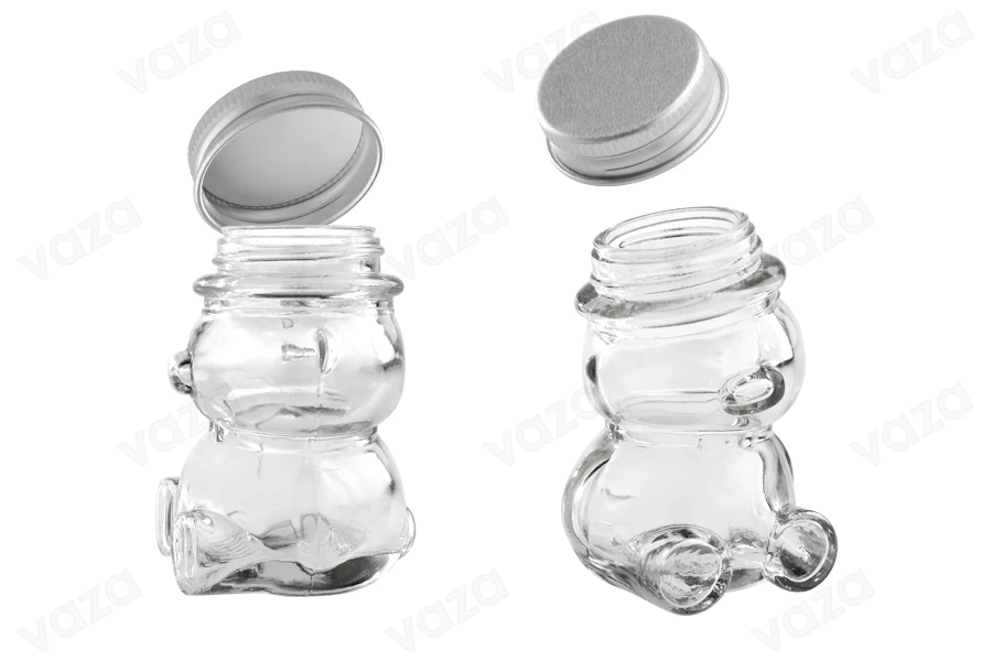 Petit pot pour des faveurs de 30ml en verre et en forme de nounours avec couvercle en aluminium argenté Petit pot pour des faveurs de 30ml en verre et en forme de nounours avec couvercle en aluminium argenté-photo_dimensions