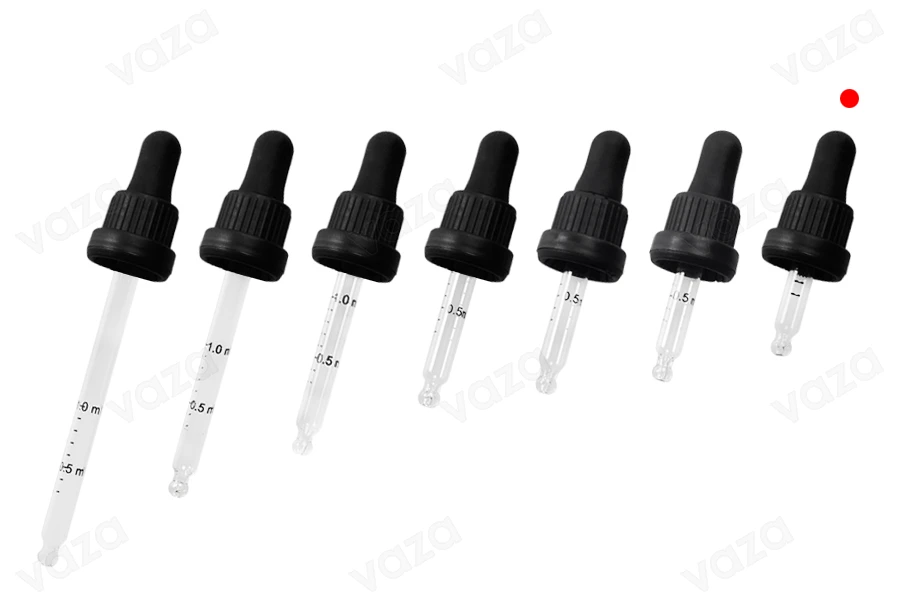 Σταγονομετρητής 5 ml με μαύρο φαρδύ καπάκι ασφαλείας, διαβάθμιση και πιπίλα σε μαύρο ΜΑΤ ή γυαλιστερό χρώμα - σε ατομική συσκευασία-εικόνα_σύνθεση