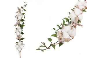 Branche décorative avec fleur de coton et feuilles vertes-1