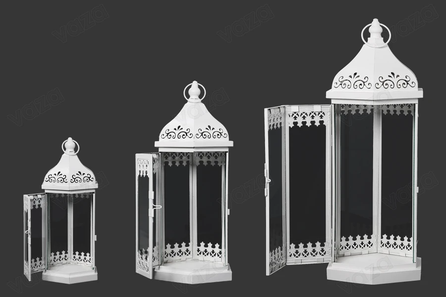 Decorated metal lantern with glass windows, 3 piece set in size S-M-L-εικόνα_διαστάσεις
