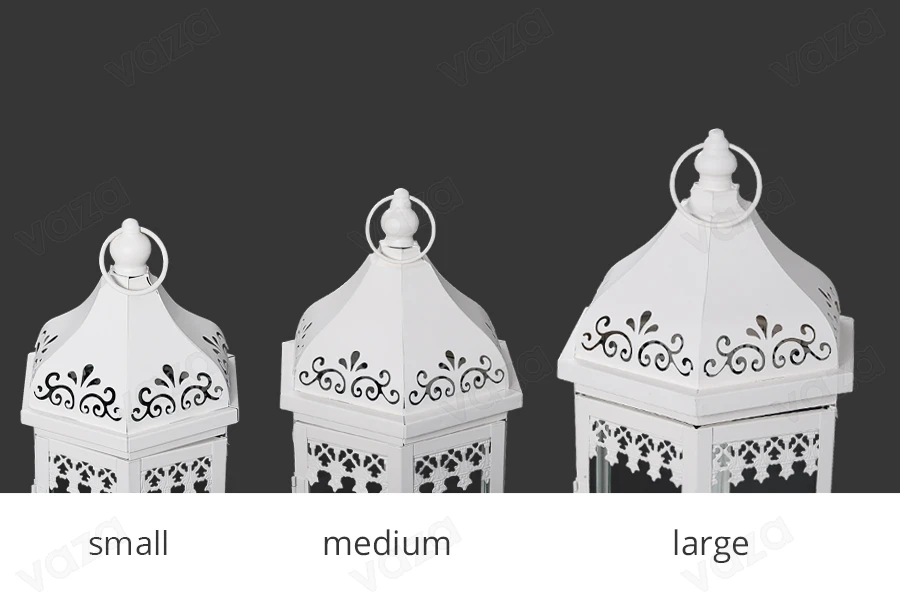 Decorated metal lantern with glass windows, 3 piece set in size S-M-L-