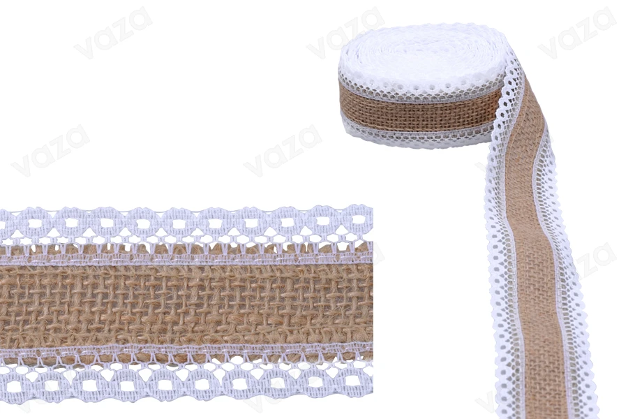 Τρέσα γιούτα με δύο λευκές δαντέλες - πλάτος 40 mm, 5 μέτρα το τεμάχιο-εικόνα_προϊοντική