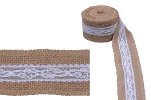 Tresse de jute avec deux dentelles blanches d'une largeur de 50 mm, 5 mètres par pièce-1