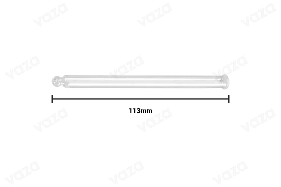 Transparentes Tropfrohr aus Glas mit Kugelspitze für 200-ml-Tropfer mit PP28-Oberfläche – Rohrlänge 113 mm Transparentes Tropfrohr aus Glas mit Kugelspitze für 200-ml-Tropfer mit PP28-Oberfläche – Rohrlänge 113 mm-bildabmessungen
