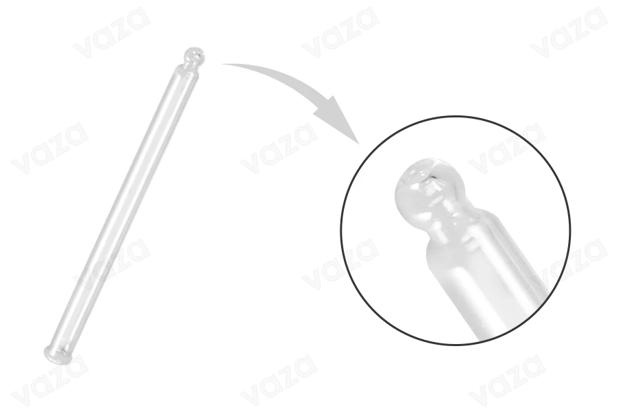 Transparentes Tropfrohr aus Glas mit Kugelspitze für 200-ml-Tropfer mit PP28-Oberfläche – Rohrlänge 113 mm Transparentes Tropfrohr aus Glas mit Kugelspitze für 200-ml-Tropfer mit PP28-Oberfläche – Rohrlänge 113 mm-produktbild