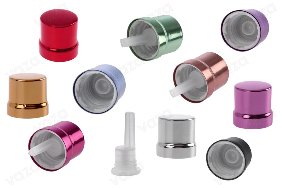 Tappo di sicurezza in alluminio PP18 con contagocce interno in vari colori. Tappo di sicurezza in alluminio PP18 con contagocce interno in vari colori.-dimensioni_immagine