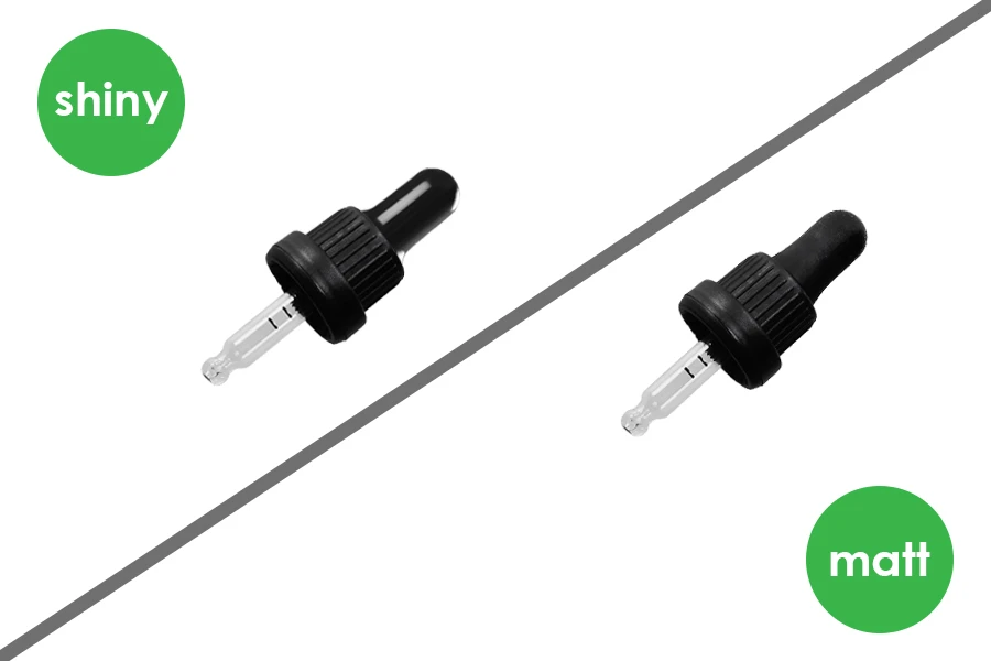 Contagocce da 5 ml con ampio tappo di sicurezza nero, scala graduata e pipetta, disponibile in nero opaco o lucido - confezionato singolarmente.