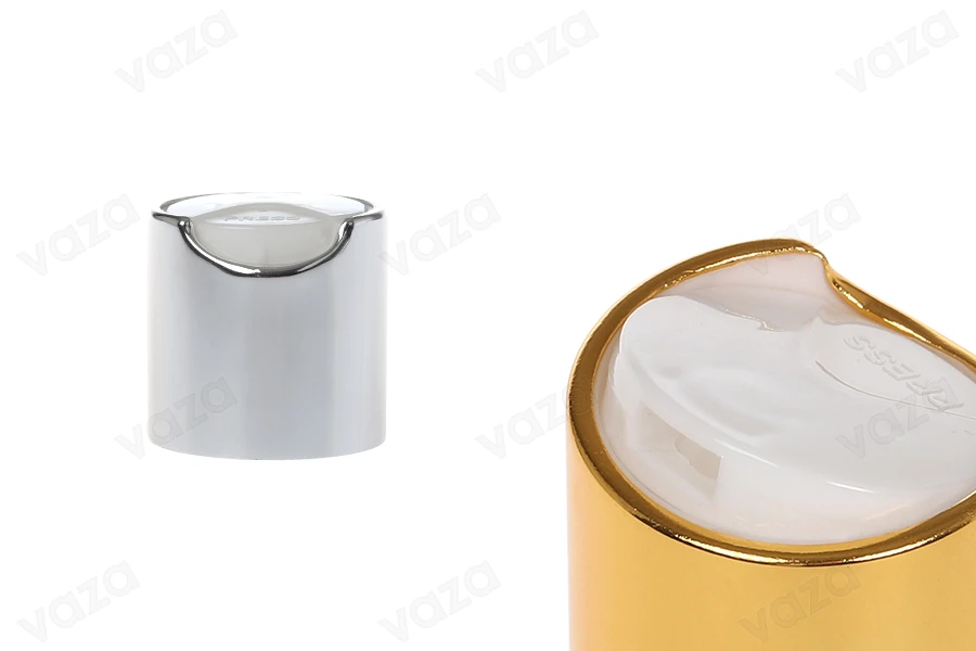 Coperchio disk-top in plastica PP24/410 con rivestimento in alluminio disponibile nei colori oro o argento.-