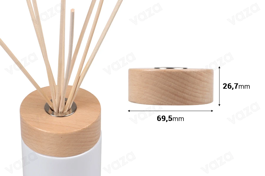 Kapak druri i rrumbullakët (69,5 x 26,7 mm) për shishe aromatizuesi ambienti PP28, me hapje për shkopinj dhe tapë. Kapak druri i rrumbullakët (69,5 x 26,7 mm) për shishe aromatizuesi ambienti PP28, me hapje për shkopinj dhe tapë.-imazh_dimensione