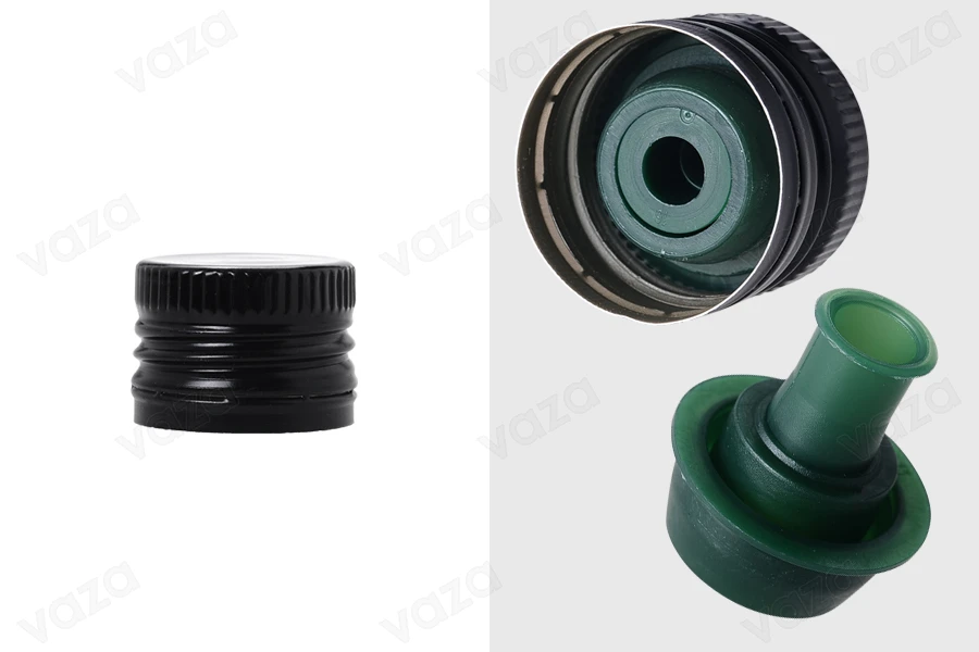 Tappo in alluminio con filettatura PP31,5 (31,5x24) nero con versatore.-immagine_prodotto