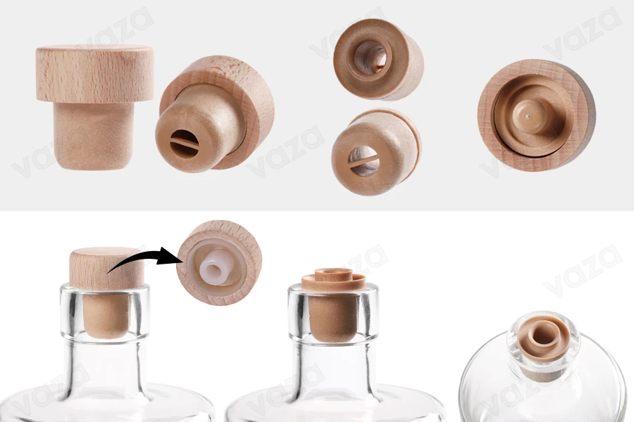 Tappo in silicone sintetico con flusso e testa staccabile in legno - F 23 mm.-