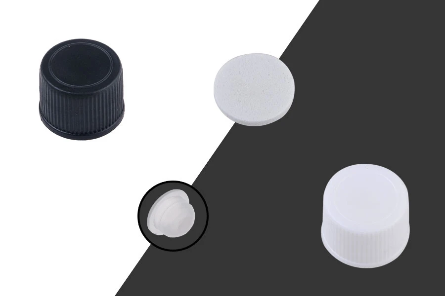 PP18 plastic cap with gasket and inner cap in white or black color - 20 pcs PP18 plastic cap with gasket and inner cap in white or black color - 20 pcs