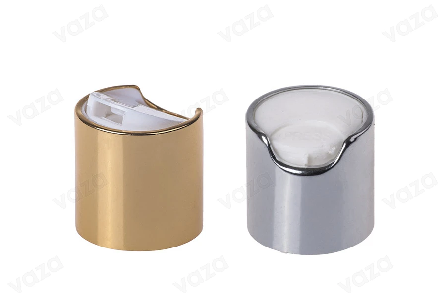 Bouchon disk top en plastique PP28 avec revêtement en aluminium de couleur dorée ou argentée.-photo_produit