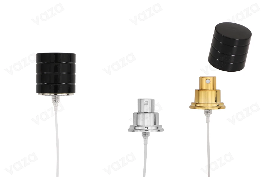 Gold or silver spray pump with PP15 finish with black plastic cap for 50ml perfume bottles Gold or silver spray pump with PP15 finish with black plastic cap for 50ml perfume bottles-image_product