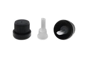 Wide black plastic child-resistant cap with 28mm long dropper insert