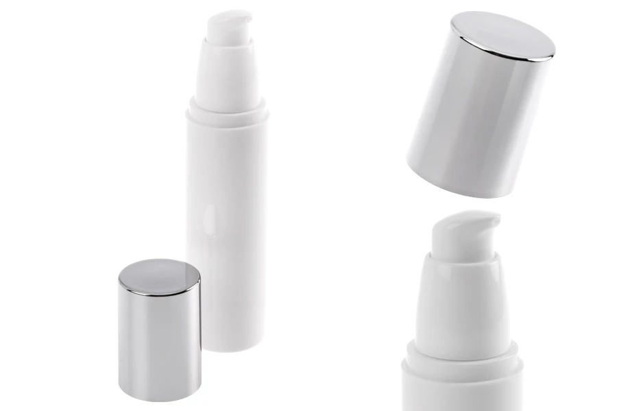 Μπουκάλι airless λευκό 50 ml για κρέμα με ασημί καπάκι Μπουκάλι airless λευκό 50 ml για κρέμα με ασημί καπάκι