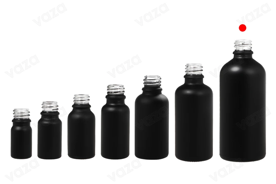 Flacon en verre pour huiles essentielles de 100 ml noir sablé avec bouche PP18 Flacon en verre pour huiles essentielles de 100 ml noir sablé avec bouche PP18-photo_groupe