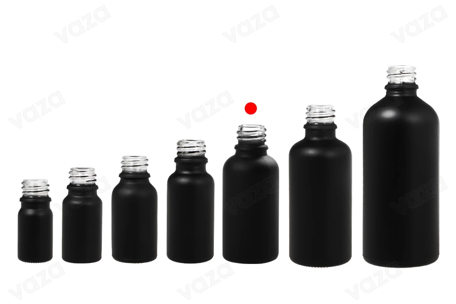 Shishe qelqi 30 ml për vajra esencialë, ngjyrë e zezë mat me grykë PP18. Shishe qelqi 30 ml për vajra esencialë, ngjyrë e zezë mat me grykë PP18.-εικόνα_σύνθεση
