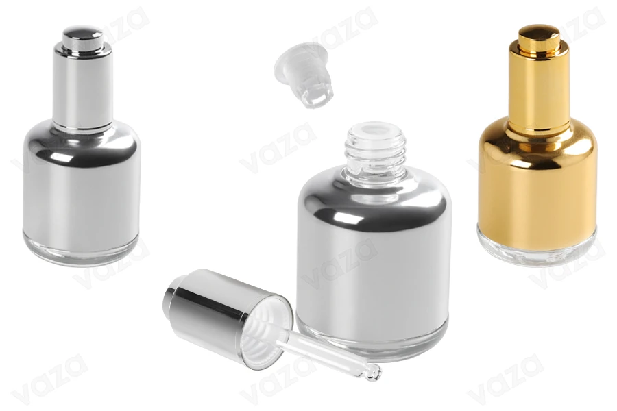 Kosmetikflasche 50ml aus Glas mit Pipette, Abfluss und Knopfdeckel-bildgruppe