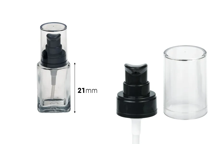 Μπουκαλάκι γυάλινο για κρέμα 30 ml με πλαστική μαύρη αντλία και διάφανο καπάκι