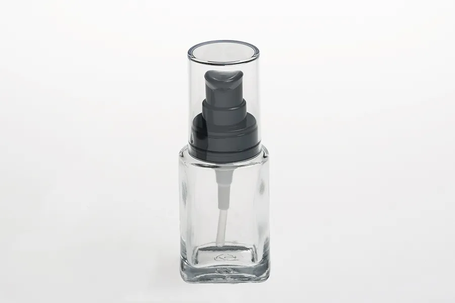 Μπουκαλάκι γυάλινο για κρέμα 30 ml με πλαστική μαύρη αντλία και διάφανο καπάκι