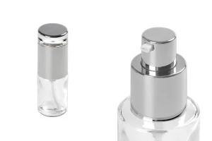 Bottiglietta da 30 ml in vetro trasparente con pompa in color argento e tappo.-1
