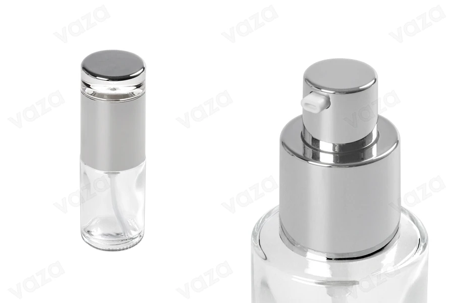 Flacon de 30ml en verre transparent avec pompe argentée et bouchon Flacon de 30ml en verre transparent avec pompe argentée et bouchon-photo_produit