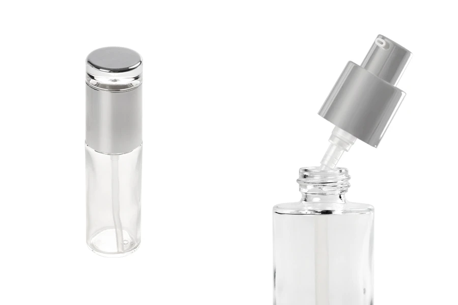 Μπουκαλάκι 50 ml γυάλινο διάφανο με ασημί αντλία και καπάκι