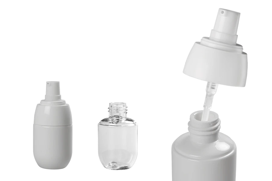 Μπουκαλάκι PET 30 ml με λευκή αντλία και διάφανο καπάκι Μπουκαλάκι PET 30 ml με λευκή αντλία και διάφανο καπάκι