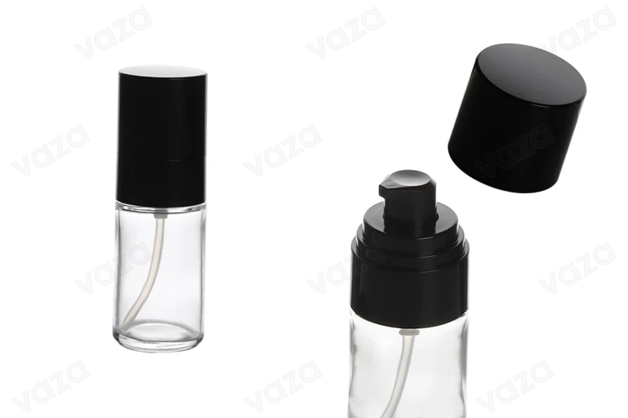 30ml glass bottle with black spray pump and cap with PP18 finish 30ml glass bottle with black spray pump and cap with PP18 finish-image_product