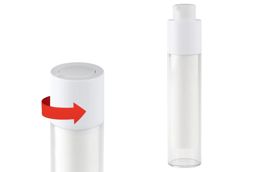 Bottiglia airless da 50 ml per crema in plastica con custodia esterna in acrilico Bottiglia airless da 50 ml per crema in plastica con custodia esterna in acrilico