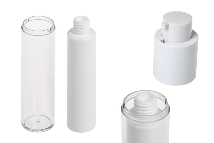 Bottiglia airless da 50 ml per crema in plastica con custodia esterna in acrilico Bottiglia airless da 50 ml per crema in plastica con custodia esterna in acrilico