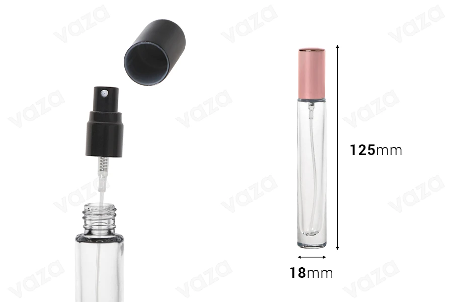 Bottiglietta di vetro da 10 ml con base rotonda, tappo e spray in alluminio.-dimensioni_immagine