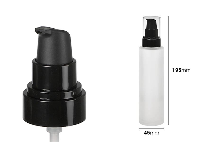 150 ml sandgestrahlte Glasflasche mit schwarzer Kunststoffpumpe (PP 24) und transparentem Verschluss 150 ml sandgestrahlte Glasflasche mit schwarzer Kunststoffpumpe (PP 24) und transparentem Verschluss