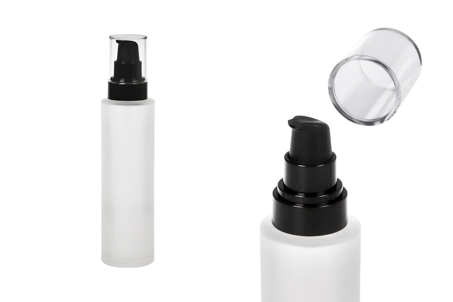 150 ml sandgestrahlte Glasflasche mit schwarzer Kunststoffpumpe (PP 24) und transparentem Verschluss 150 ml sandgestrahlte Glasflasche mit schwarzer Kunststoffpumpe (PP 24) und transparentem Verschluss