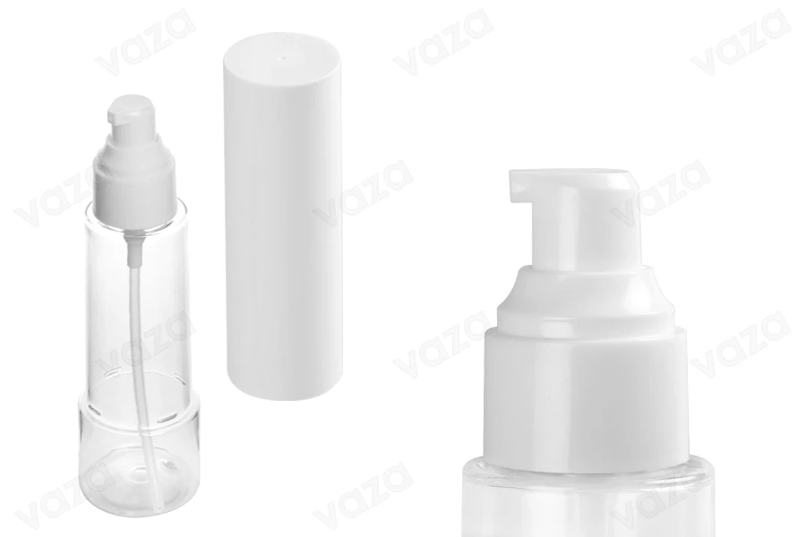 Bottiglia trasparente in PET da 100 ml, dotata di una pompetta per la creme e di un tappo esterno bianco. Bottiglia trasparente in PET da 100 ml, dotata di una pompetta per la creme e di un tappo esterno bianco.-gruppo_immagini