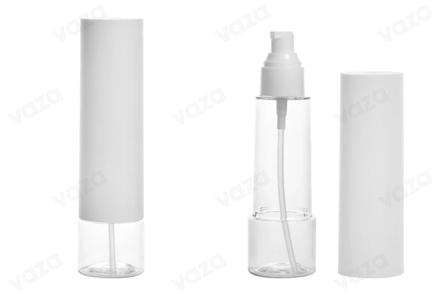 Bottiglia trasparente in PET da 100 ml, dotata di una pompetta per la creme e di un tappo esterno bianco. Bottiglia trasparente in PET da 100 ml, dotata di una pompetta per la creme e di un tappo esterno bianco.-immagine_prodotto