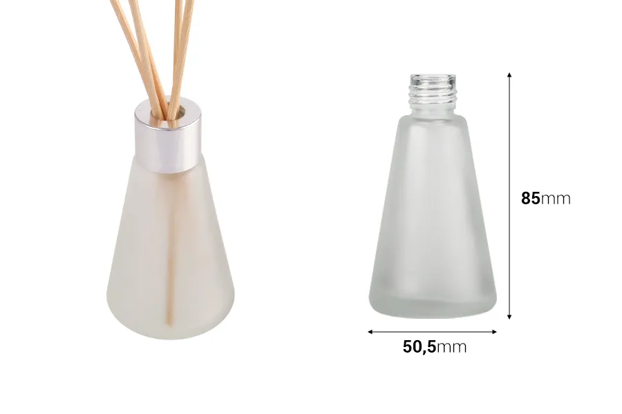 Μπουκαλάκι γυάλινο αμμοβολής 50 ml σε κωνικό σχήμα κατάλληλο για αρωματικό χώρου Μπουκαλάκι γυάλινο αμμοβολής 50 ml σε κωνικό σχήμα κατάλληλο για αρωματικό χώρου