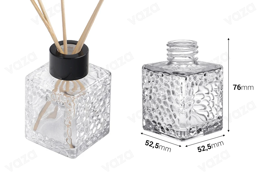 100 ml quadratische Glasflasche (PP 28) mit geprägtem Design für Lufterfrischer-bildabmessungen
