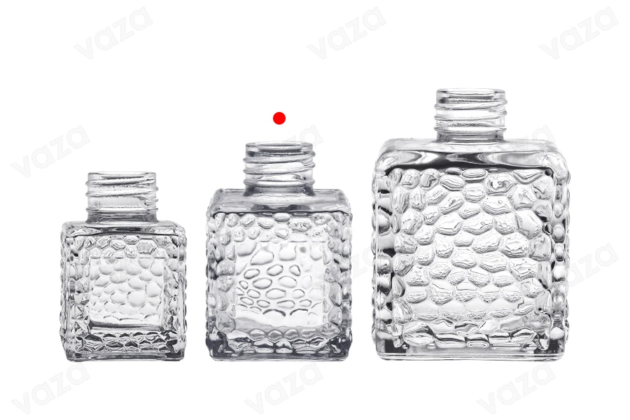 100 ml quadratische Glasflasche (PP 28) mit geprägtem Design für Lufterfrischer-bildgruppe