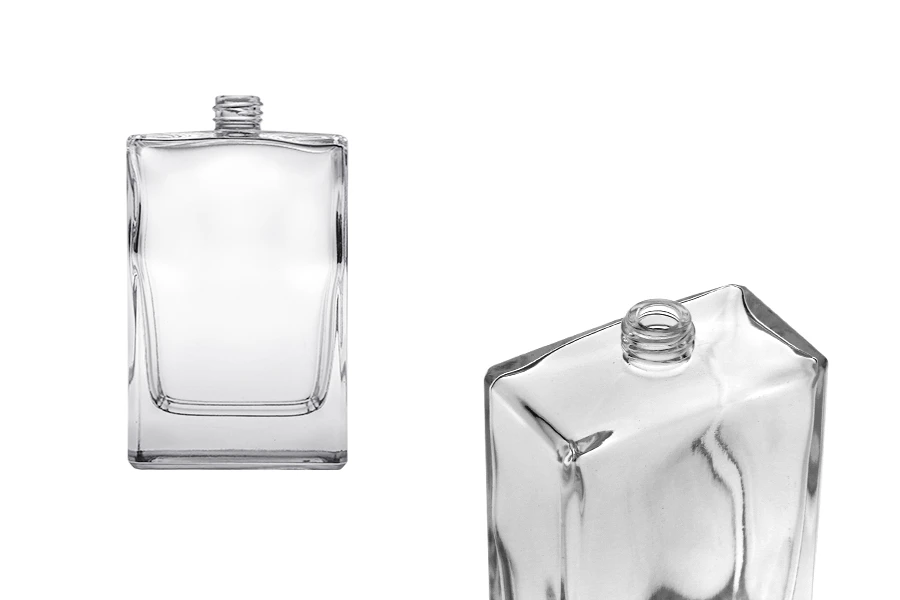 Flacon de parfum en verre 100 ml (PP 15) de forme rectangulaire avec col 15/400 Flacon de parfum en verre 100 ml (PP 15) de forme rectangulaire avec col 15/400