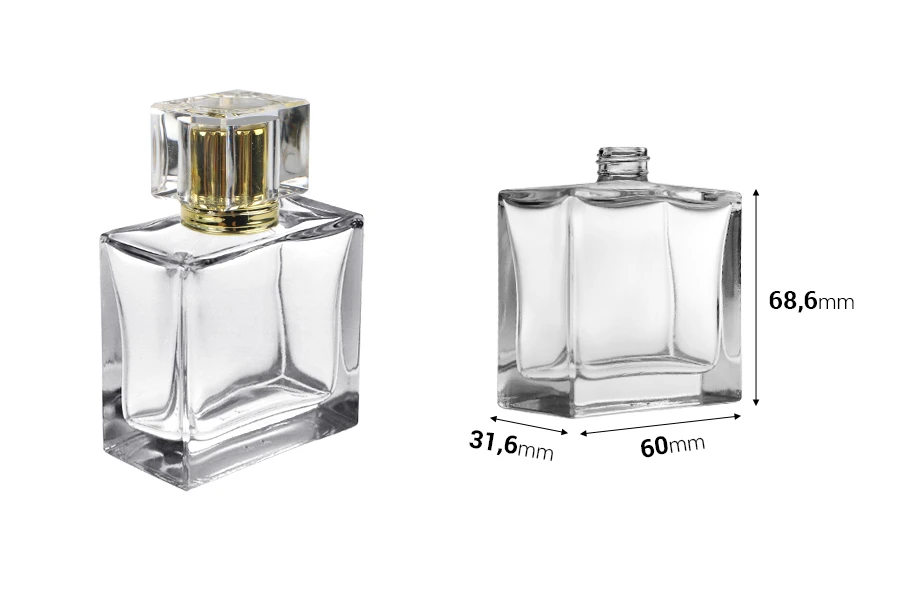 Flacon de parfum rectangulaire en verre avec col 50 ml 15/400 Flacon de parfum rectangulaire en verre avec col 50 ml 15/400